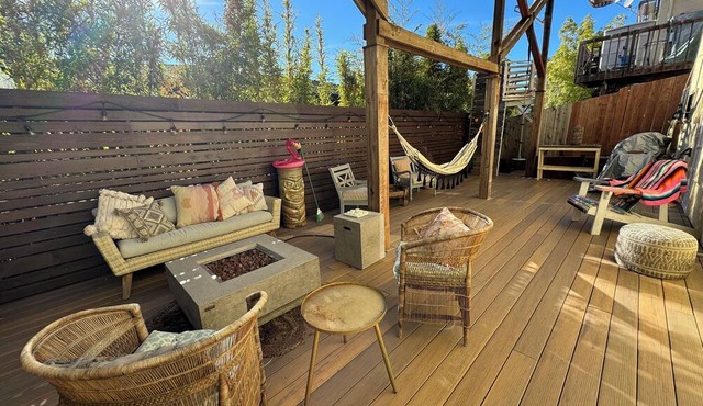 Sunny boho retreat with deck & stylish hot tub